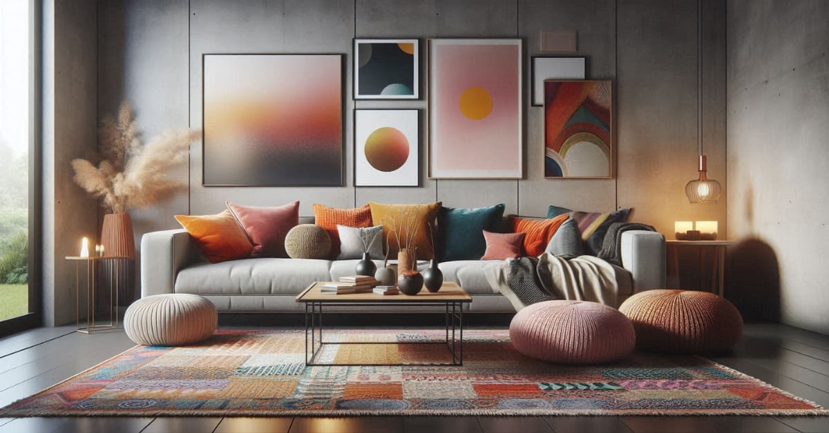 “Basement living room with concrete floor, colourful cushions, artwork, layered rug, cozy modern décor”