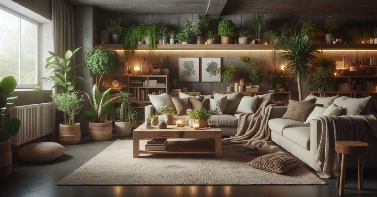 Basement living room with concrete floor, indoor plants, wooden coffee table, neutral sofa, cozy layered décor