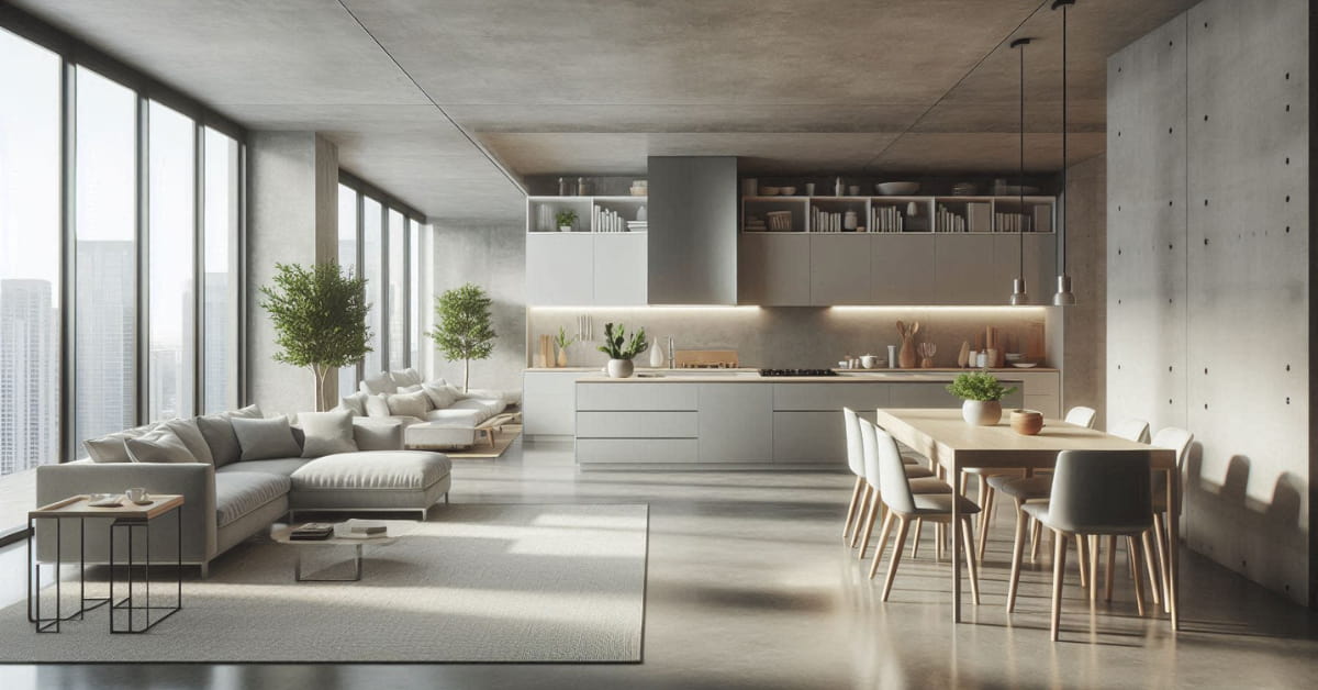 “Open-plan kitchen and living room with polished concrete floor, minimalist neutral furniture, bright modern décor, natural light”