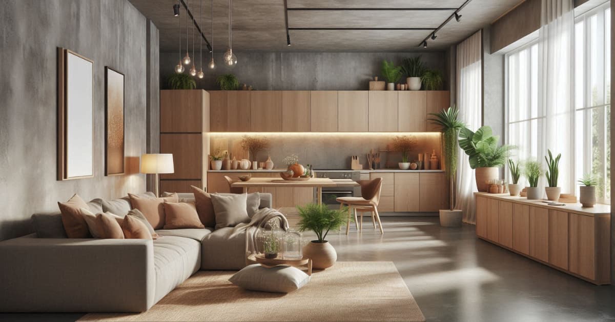 “Kitchen and living room with taupe-stained concrete floor, wooden cabinets, neutral sofa, cozy modern décor