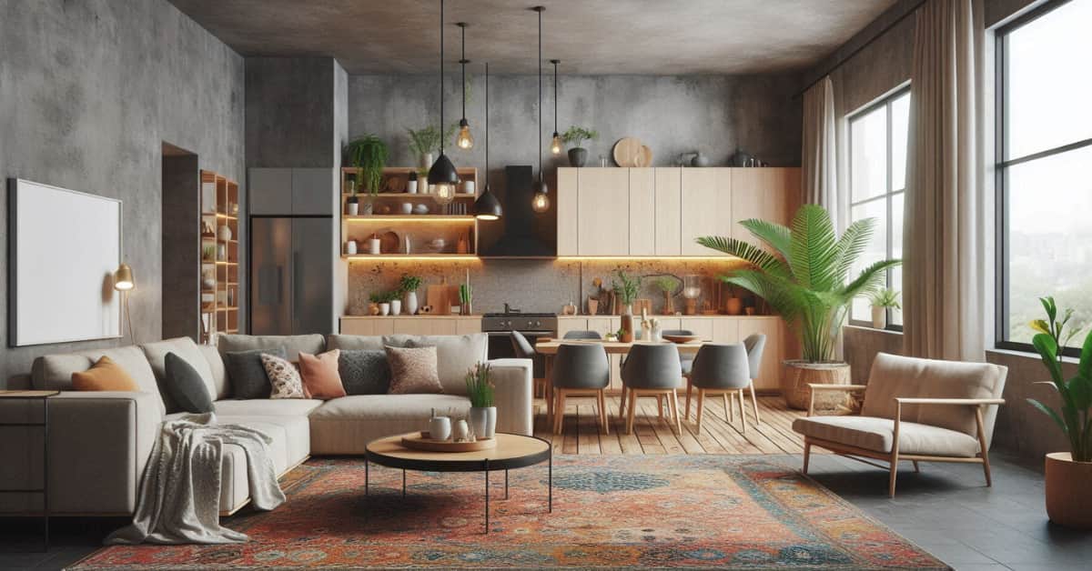 “Open-plan kitchen and living room with textured concrete floor, patterned rug, neutral furniture, modern cozy décor