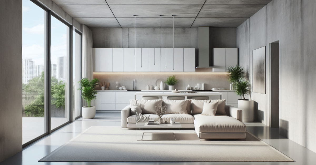“Open-plan kitchen and living room with light grey concrete floor, white cabinets, beige sofa, bright natural light