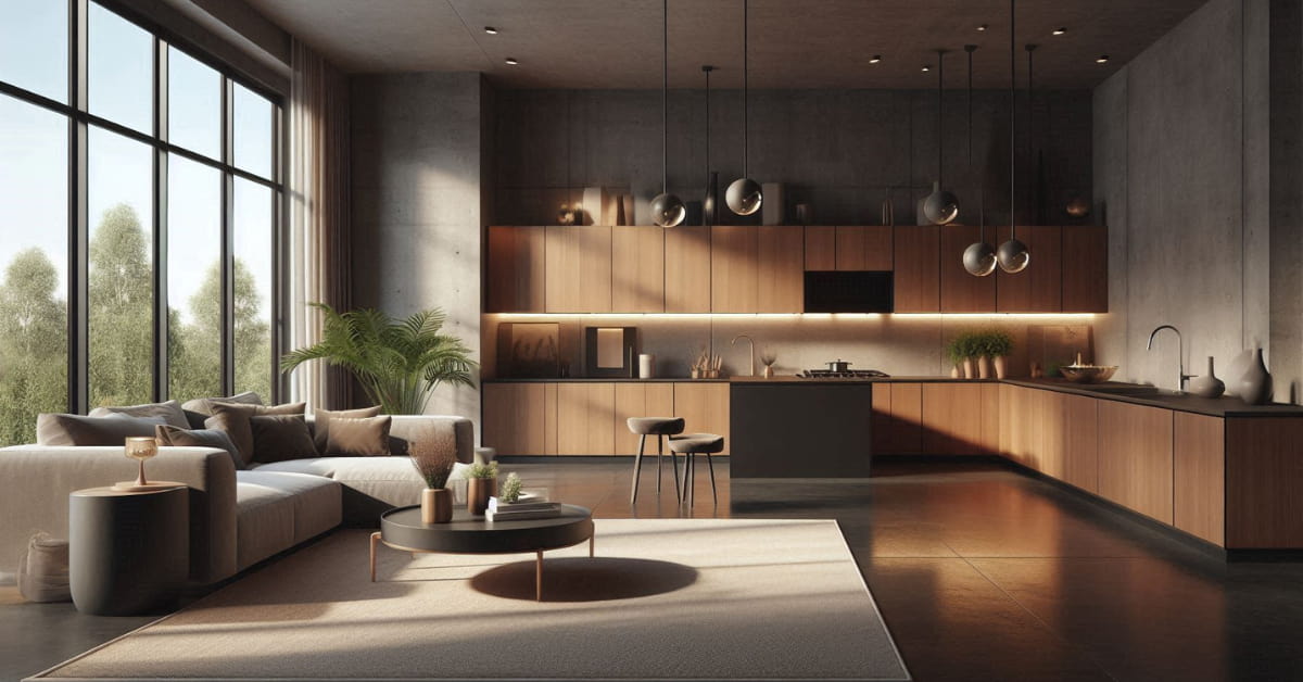Open-plan kitchen and living room with dark grey concrete floor, wooden cabinets, neutral sofa, modern stylish décor