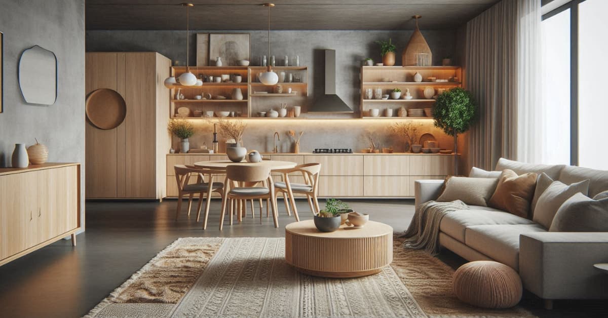 “Open-plan kitchen and living room with concrete floor, layered rugs, beige sofa, wooden dining table, cozy modern décor”
