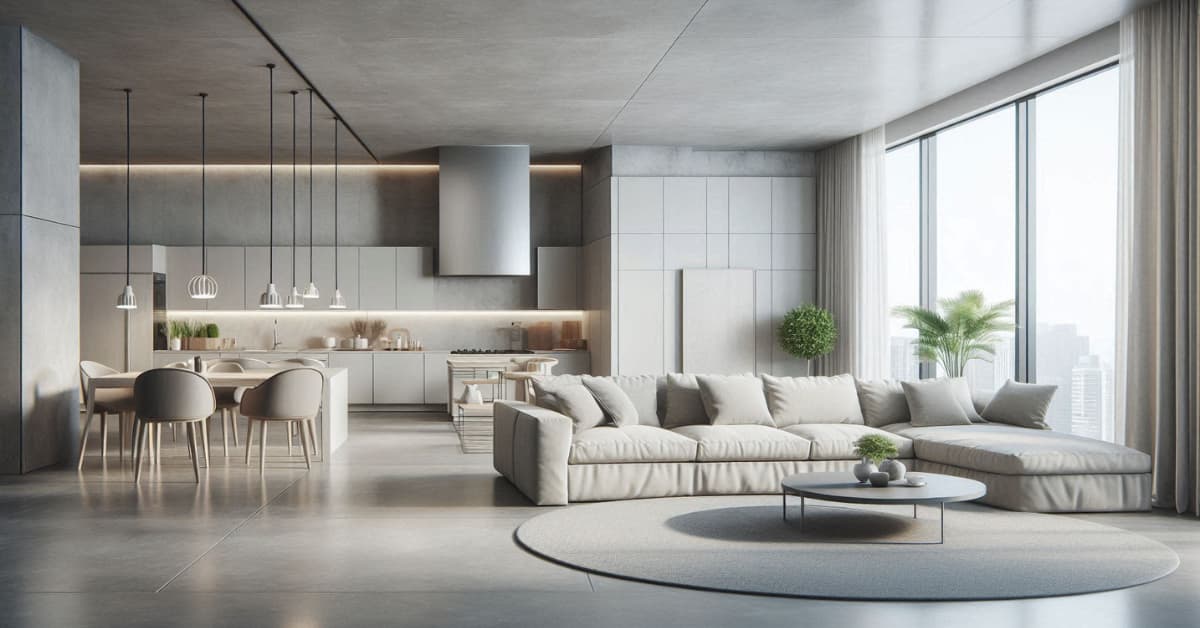 Modern kitchen and living room with concrete floor, underfloor heating, neutral sofa, minimalist décor, bright ambient light”