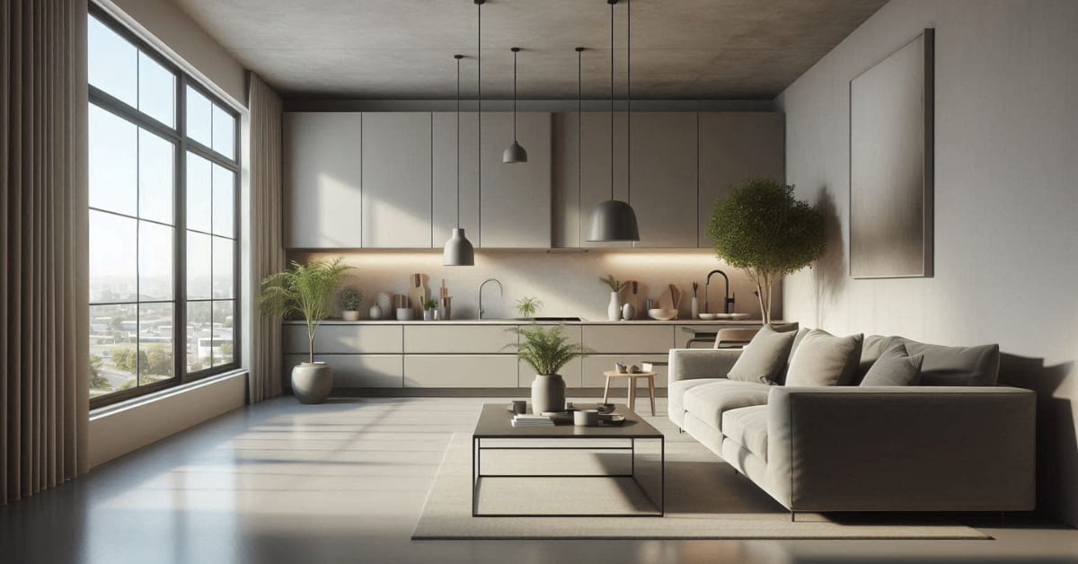 Open-plan kitchen and living room with neutral concrete floor, beige cabinets, grey sofa, minimalist modern décor