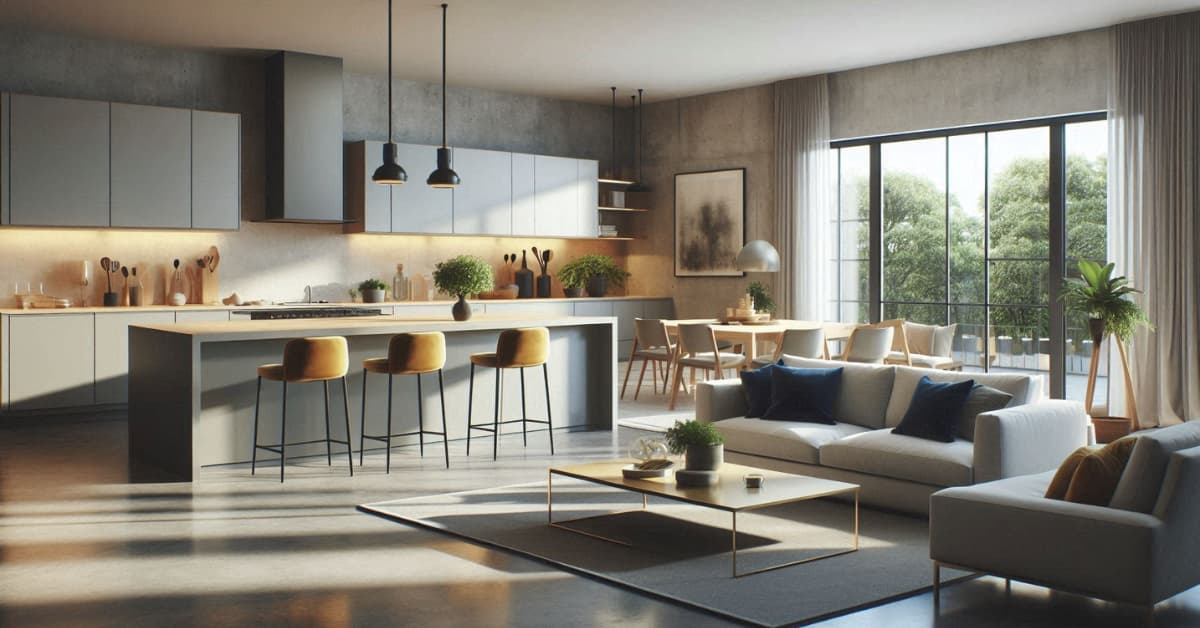 “Open-plan kitchen and living room with concrete floor, navy cushions, mustard bar stools, neutral sofa, modern stylish décor”