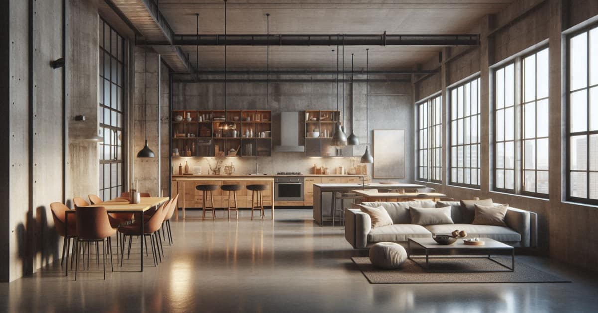 Open-plan industrial kitchen and living room with concrete floor, metal furniture, wooden accents, neutral sofa, modern décor”