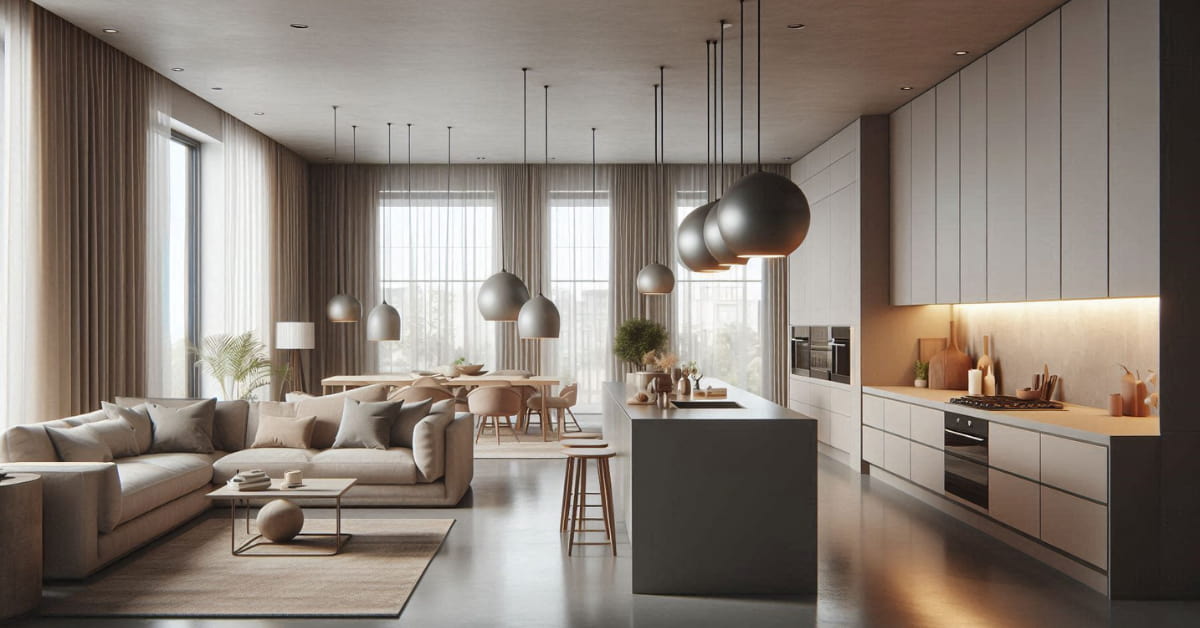 “Open-plan kitchen and living room with concrete floor, pendant lights, layered lighting, neutral décor, stylish cozy interior”