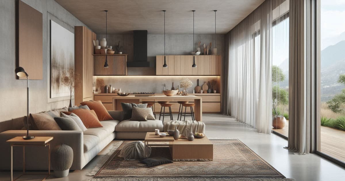 Open-plan kitchen and living room with concrete floor, layered textiles, wooden furniture, neutral sofa, modern stylish décor”