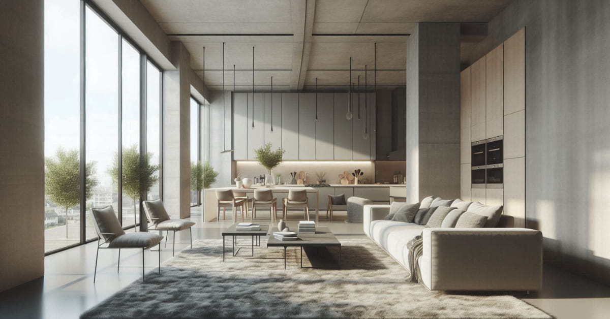 “Open-plan kitchen and living room with seamless concrete floor, neutral furniture, layered rugs, bright natural light, modern décor”
