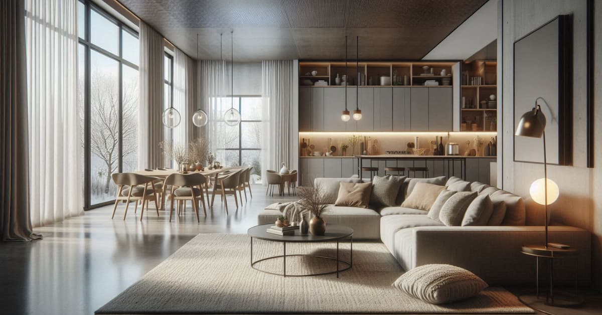 Open-plan kitchen and living room with concrete floor, seasonal cushions and rugs, neutral sofa, modern stylish décor”