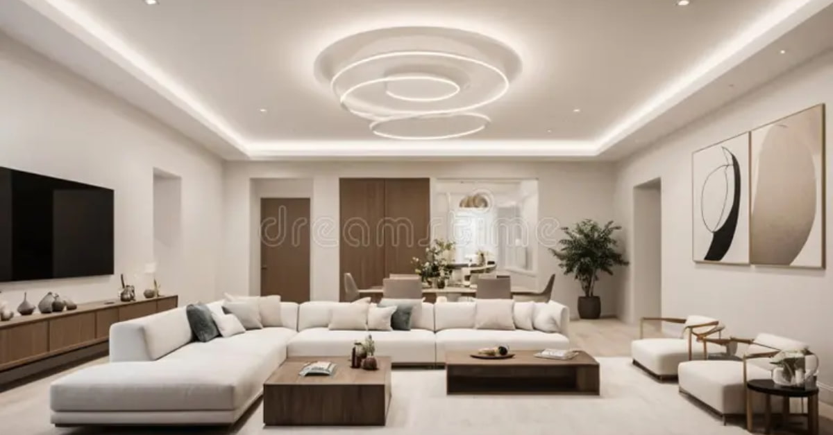 Small living room with polished concrete floor, light-colored sofa, glass coffee table, minimalist décor, bright ambient light”