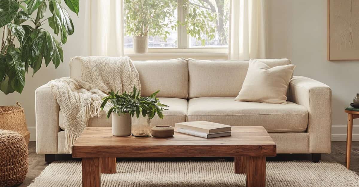 Small living room with concrete floor, layered neutral rugs, beige sofa, minimalist wooden coffee table, cozy décor