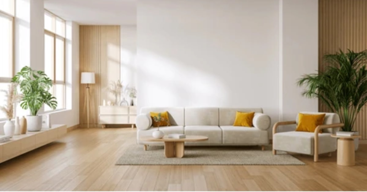 Small living room with light gray concrete floor, white walls, neutral sofa, pastel cushions, bright and airy interior”