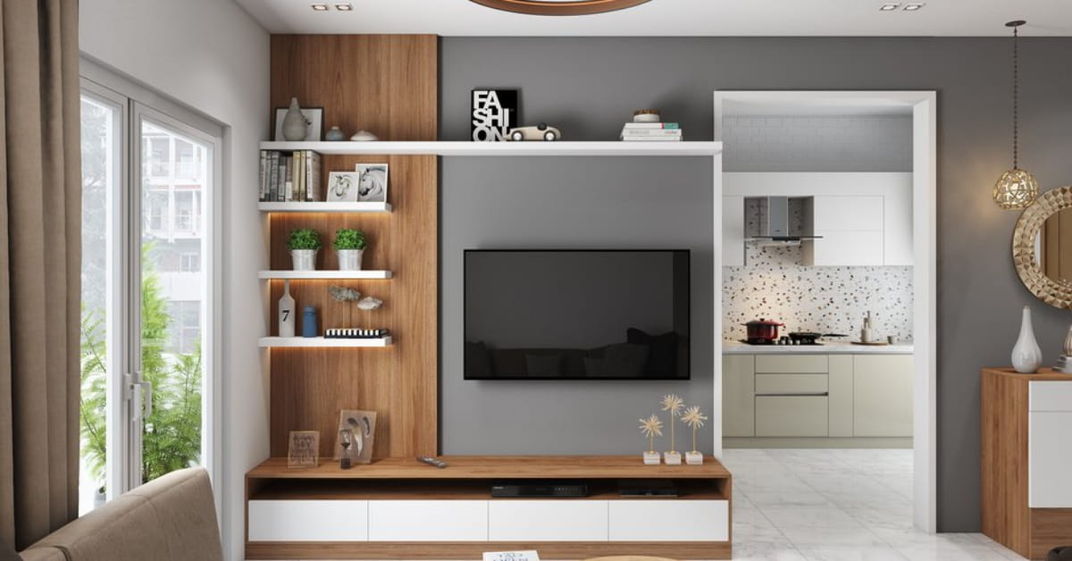 “Small living room with concrete floor, modular sofa, wall-mounted shelves, neutral décor, modern minimalist interior