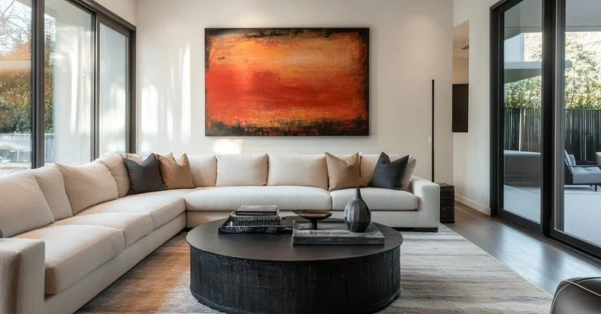 “Small living room with concrete floor, dark beige sofa, mustard cushions, wooden coffee table, modern stylish décor