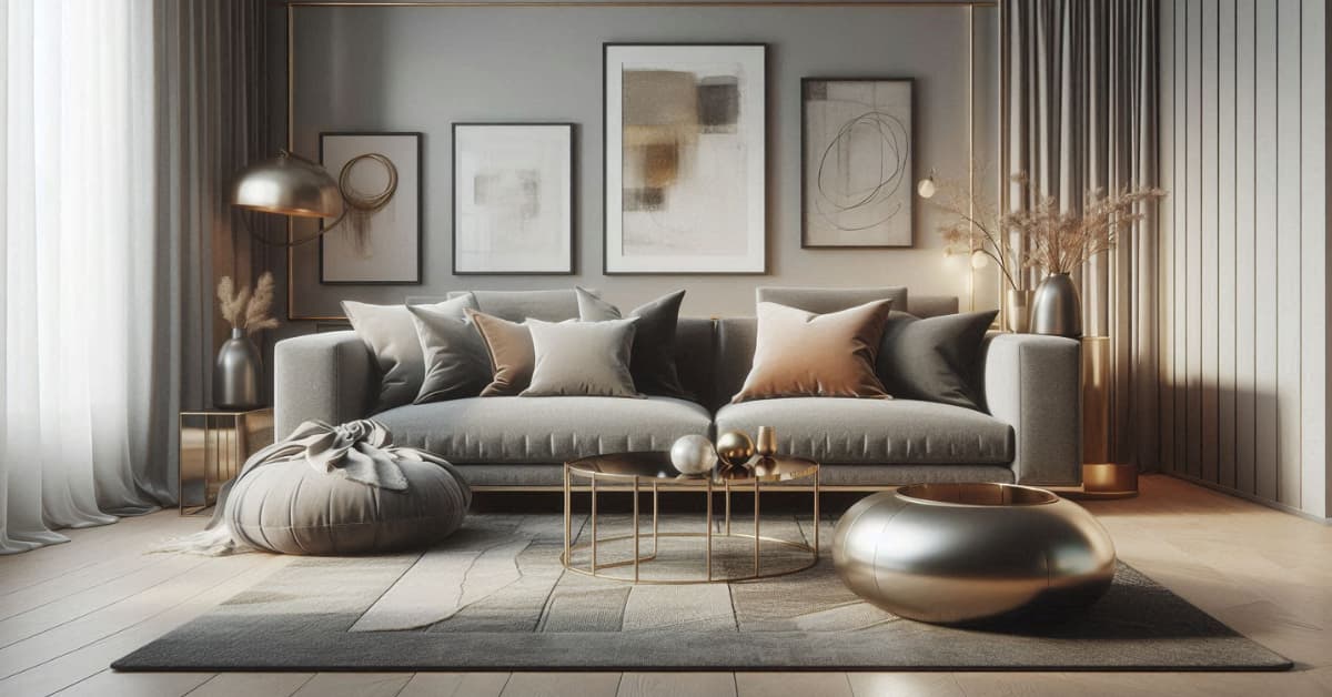 “Grey sofa living room with gold accents, metallic coffee table, neutral walls, modern stylish décor, layered cushions”