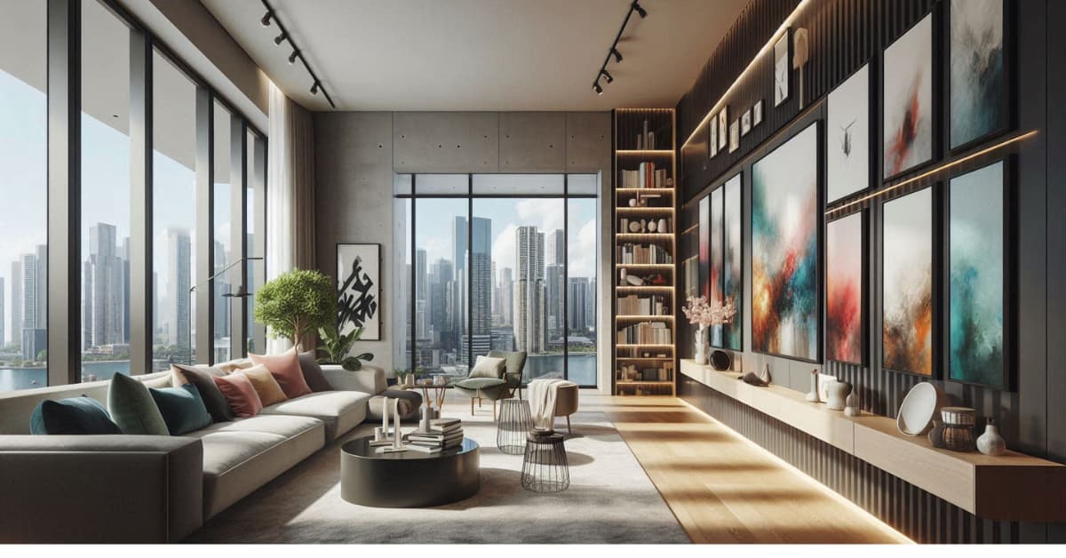 High-rise apartment living room with gallery wall, abstract paintings, floating shelves, decorative accents, stylish modern interior”
