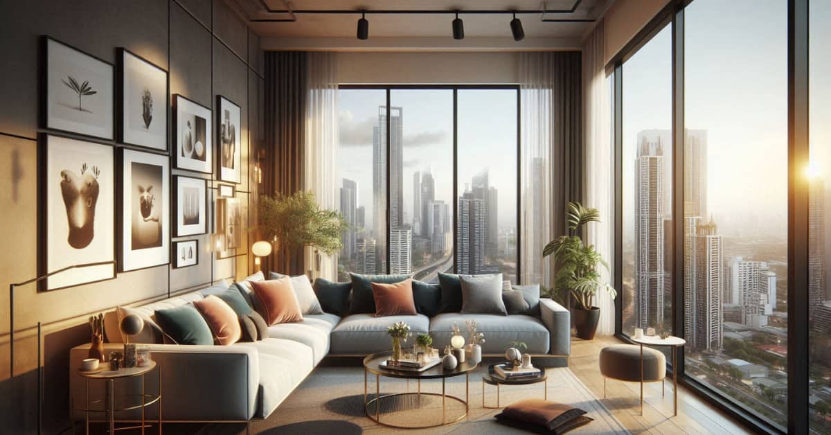 High-rise apartment living room with personalized décor, photos, cushions, modern furniture, cozy and stylish interior”