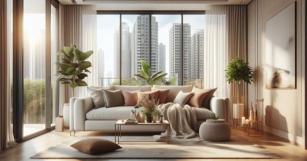 Modern high-rise apartment living room with seasonal cushions, layered throws, neutral sofa, cozy and bright décor”