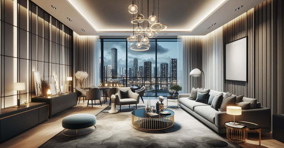 Modern high-rise apartment living room with layered lighting, pendant chandelier, floor lamp, ambient LED lights, elegant décor”