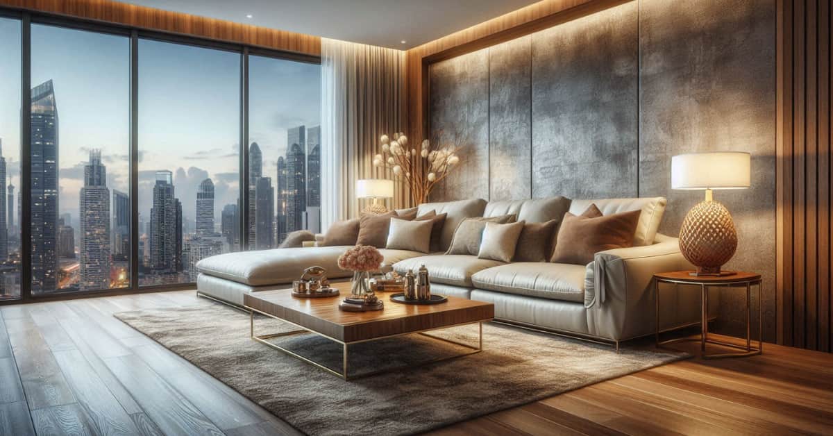 Modern high-rise living room with wooden coffee table, stone accent wall, beige leather sofa, cozy elegant décor”
