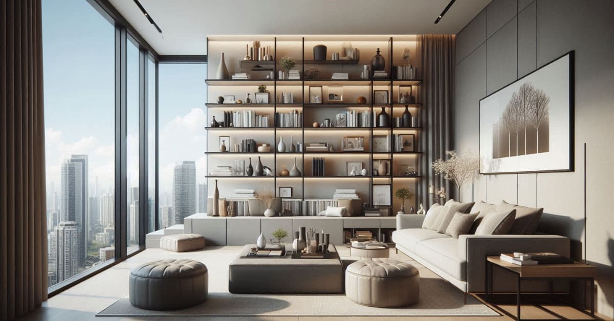 Modern high-rise living room with floating shelves, storage ottoman, neutral sofa, organized stylish décor, bright interior”