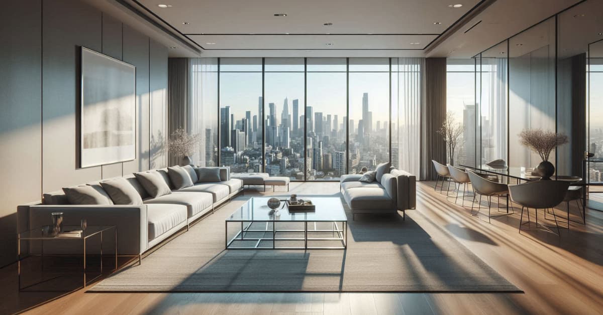 “High-rise apartment living room facing city skyline, low-profile furniture, glass coffee table, bright airy interior, modern décor”