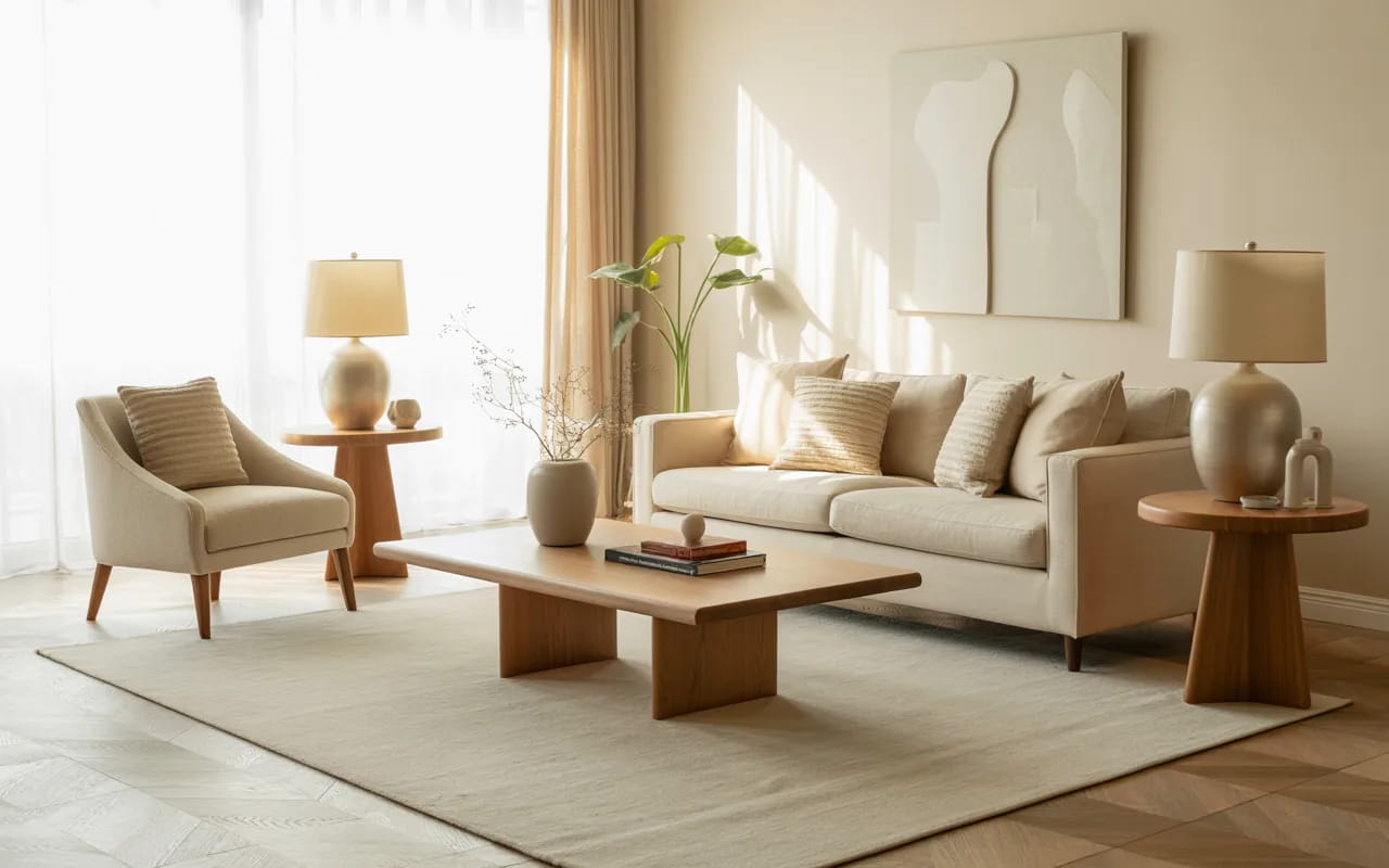 Cozy living room with beige sofa, wooden coffee table, side tables, neutral rug, elegant furniture arrangement, bright natural light”