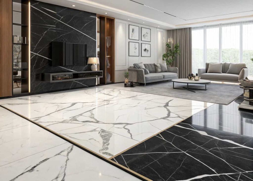Different black and white marble tile styles displayed in a modern living room, large tiles, subtle veining, luxury design”