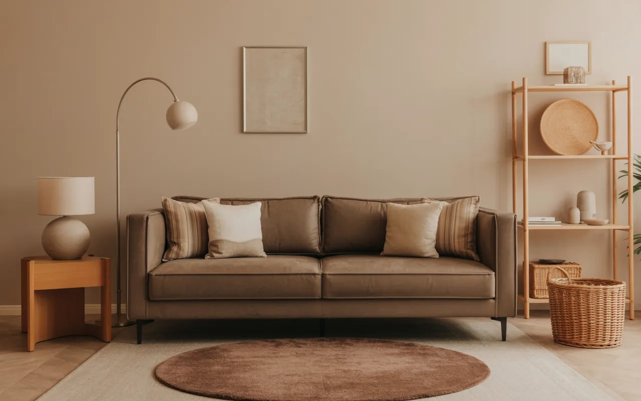 “Modern living room with dark beige sofa, cream walls, light brown rug, layered neutral cushions, cozy stylish décor”