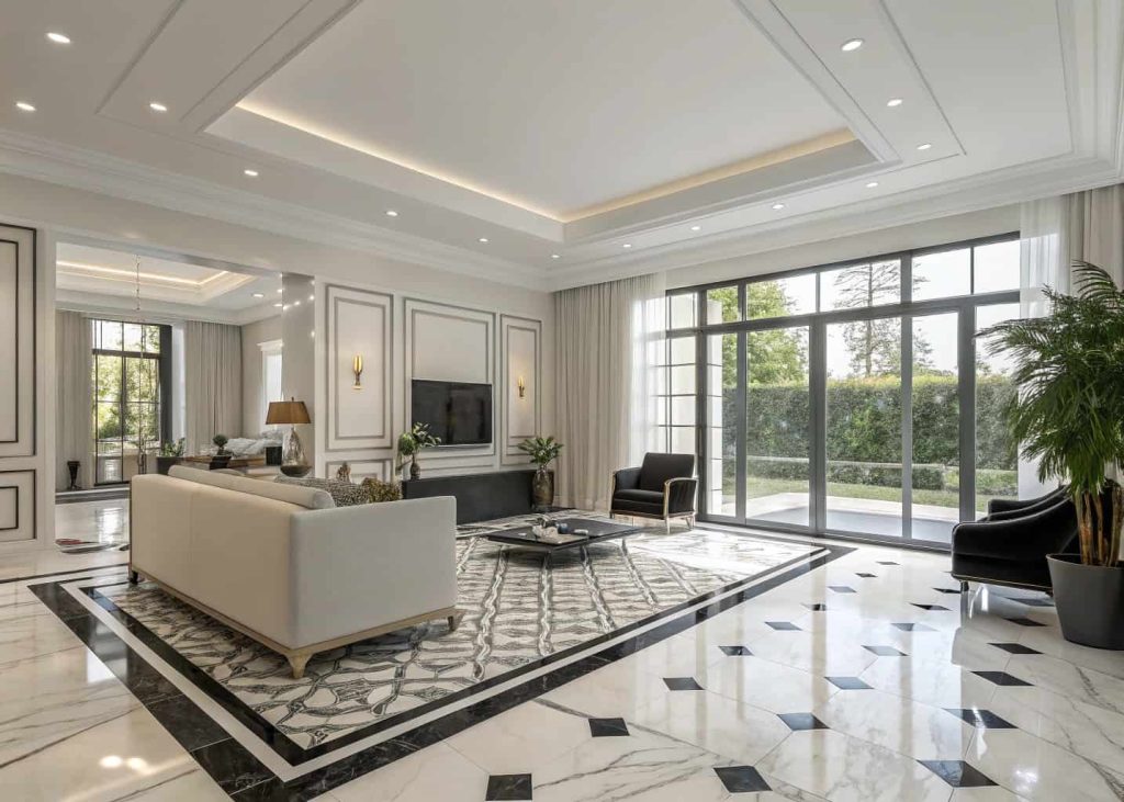 “Open concept living room with black and white marble tile flooring, modern furniture, bright natural light”