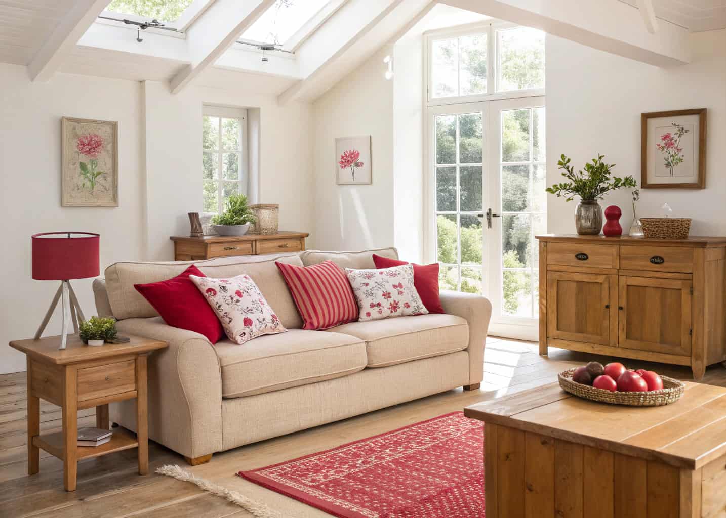 Living room with neutral sofa, red and pink cushions, wooden furniture, bright natural light, cozy modern interior”