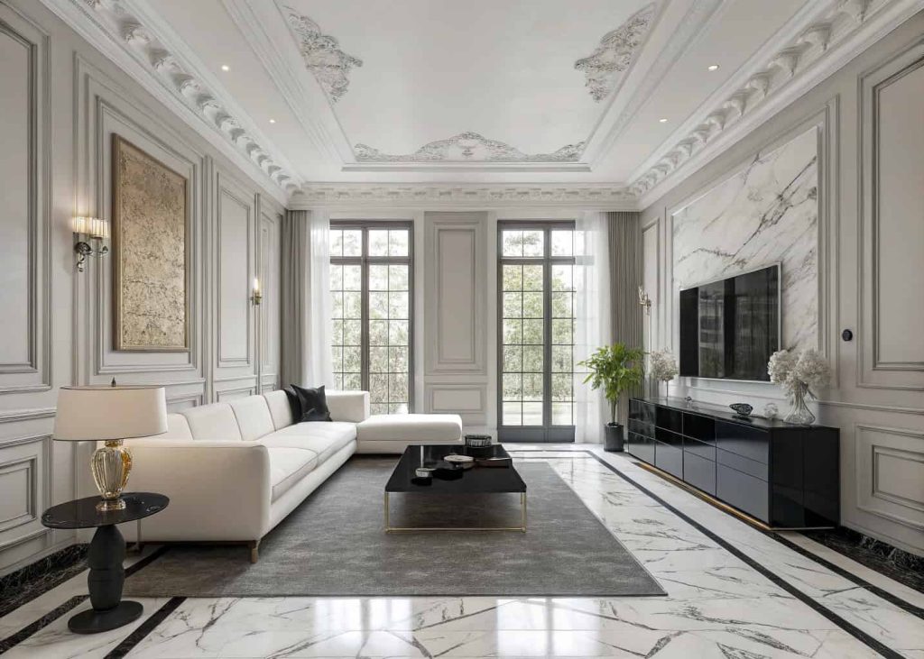 Timeless black and white marble living room, classic yet modern interior design, elegant atmosphere”