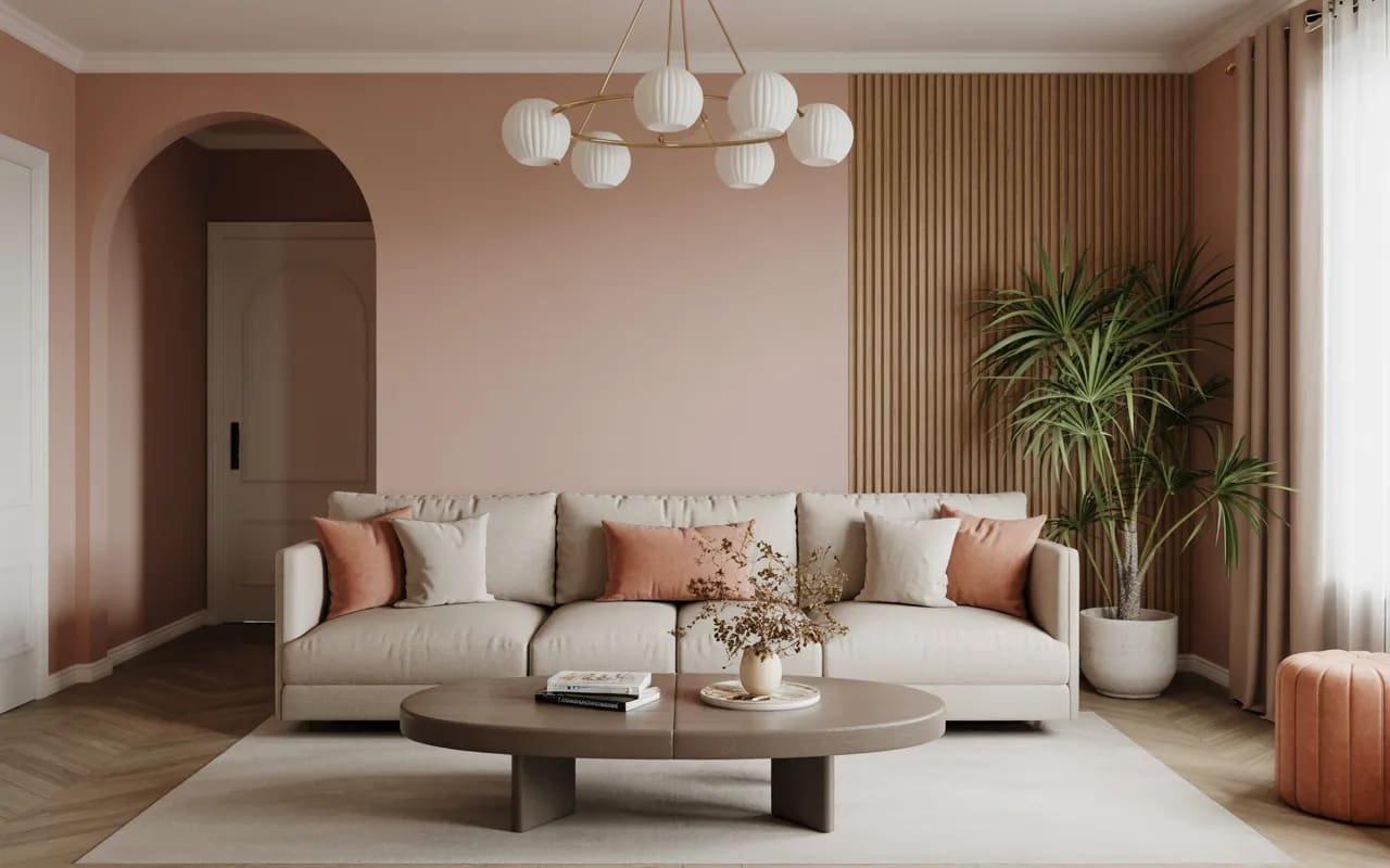 Elegant living room with beige sofa, pastel accent wall, wooden paneling, modern décor, cozy and bright interior”