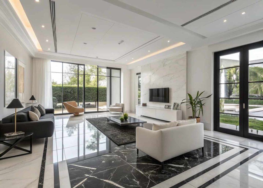 Modern living room layout with black and white marble flooring, minimal furniture, clean lines, bright space”