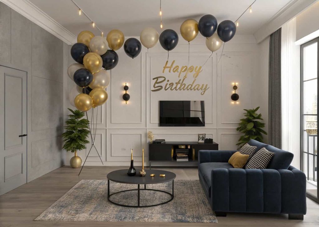 A modern living room decorated for a man’s birthday with black, navy blue, and gold balloons, minimal décor, masculine color palette, soft warm lighting, stylish sofa setup