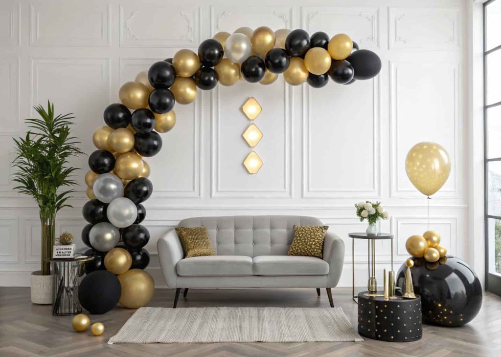 Elegant balloon arch in black and gold colors behind a sofa, masculine birthday backdrop, modern living room, clean and stylish look