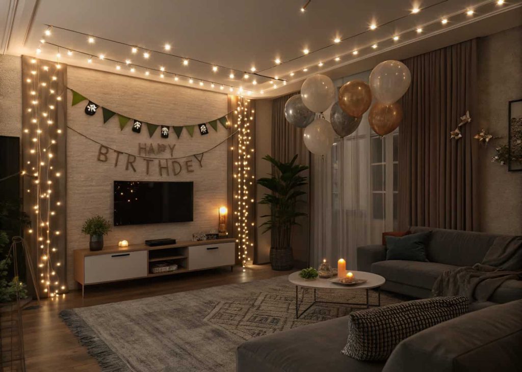 Modern living room with warm fairy lights, LED strips, soft candle lighting, masculine birthday décor, cozy evening atmosphere