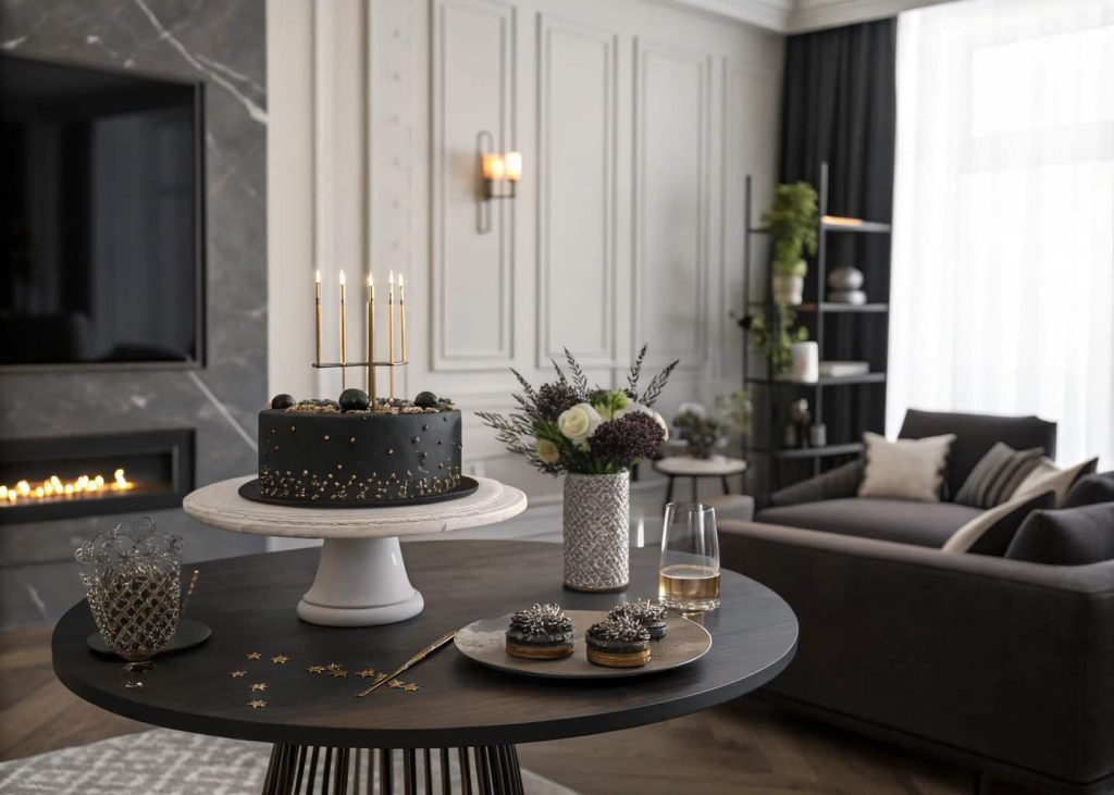 Minimal birthday cake table setup in a living room, dark-themed cake, masculine décor, modern and elegant styling