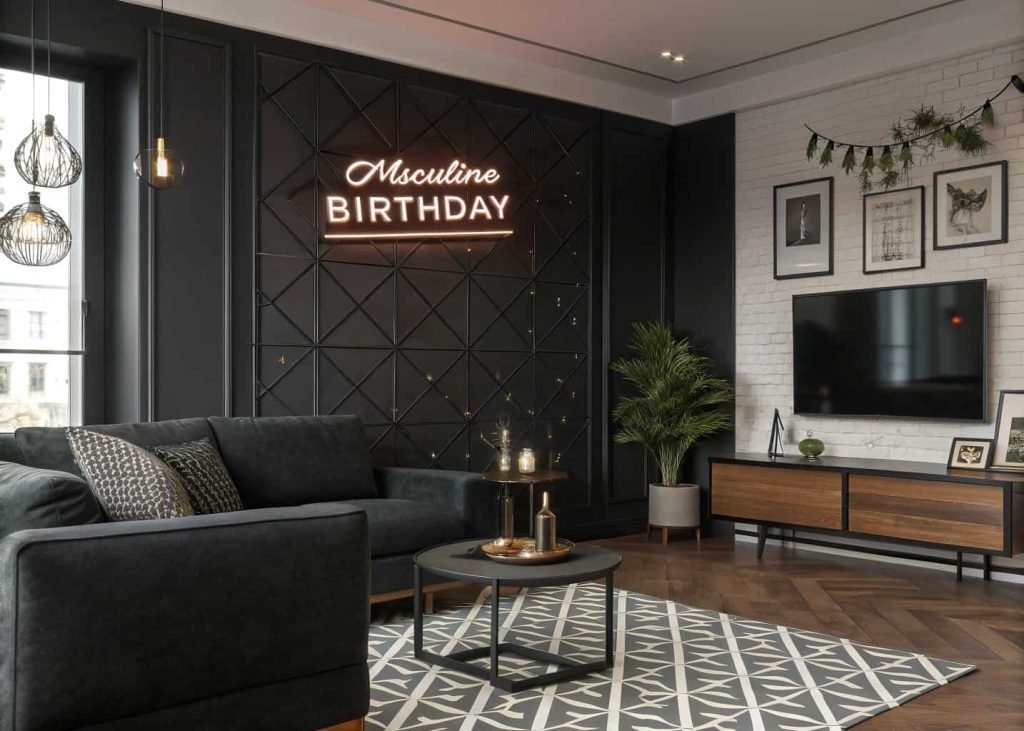 Modern living room with bold statement wall décor, masculine birthday theme, neon sign or framed quote, dark tones, stylish setup