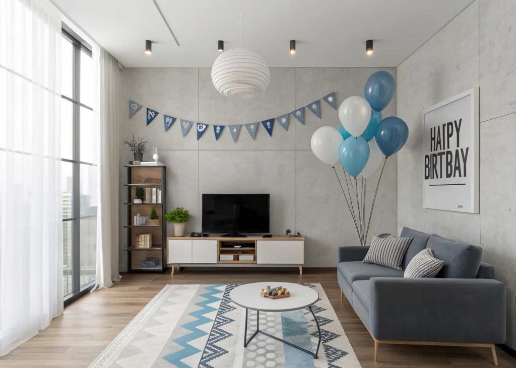 Minimalist living room birthday décor for him, clean setup, few balloons, organized space, modern masculine style
