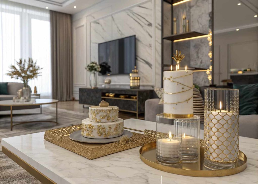 Luxury masculine birthday décor with gold accents, marble textures, glass candle holders in a modern living room