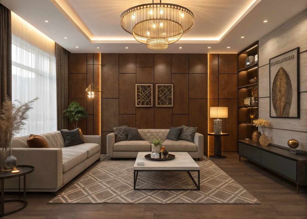 Photo-ready masculine birthday living room setup, stylish backdrop, warm lighting, modern décor, 