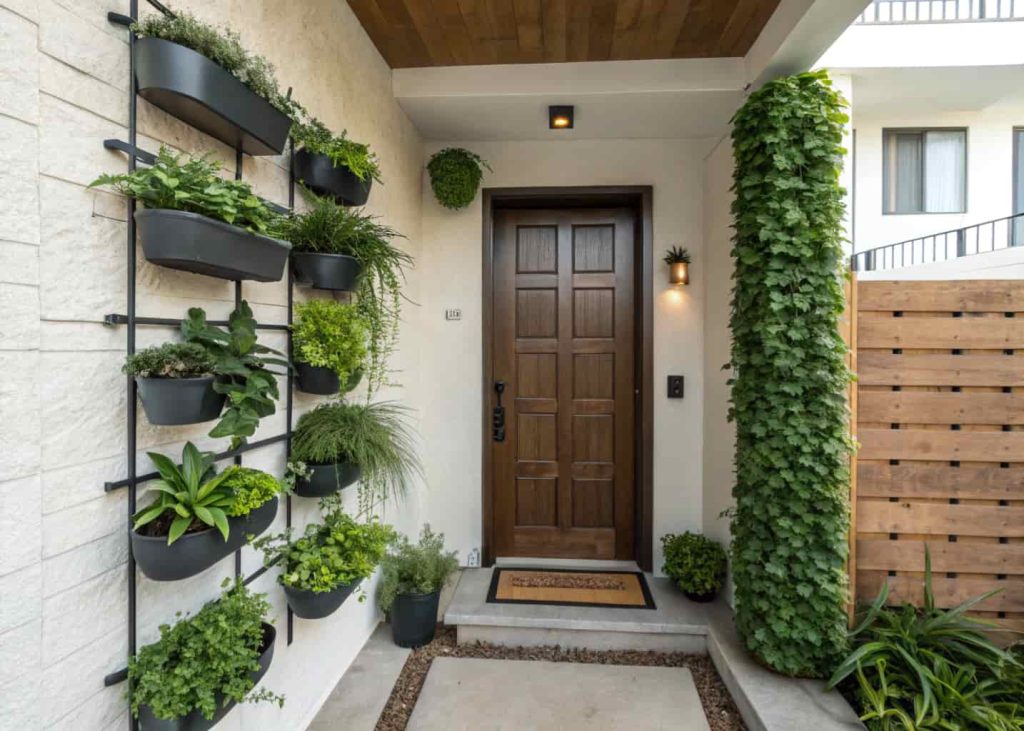 Apartment small home entrance wall decor vertical garden, hanging planters, green plants, compact stylish entryway
