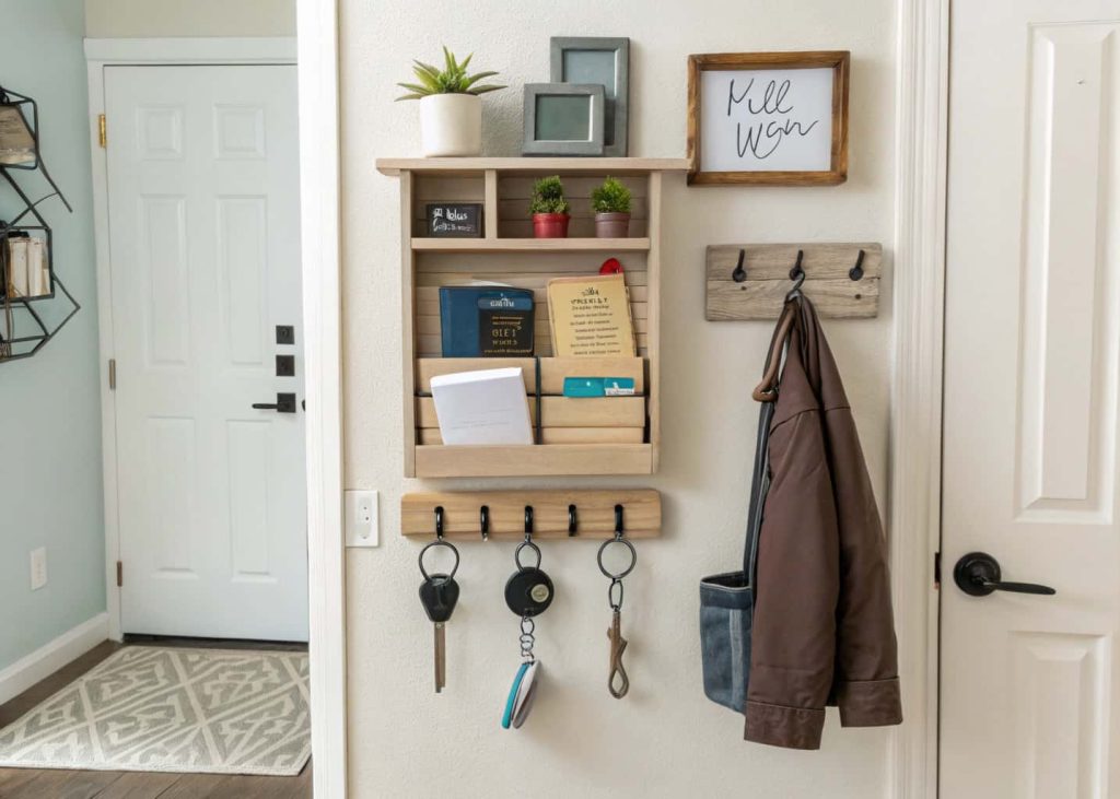 Apartment small home entrance wall decor with wall-mounted key organizer, hooks, and small compartments