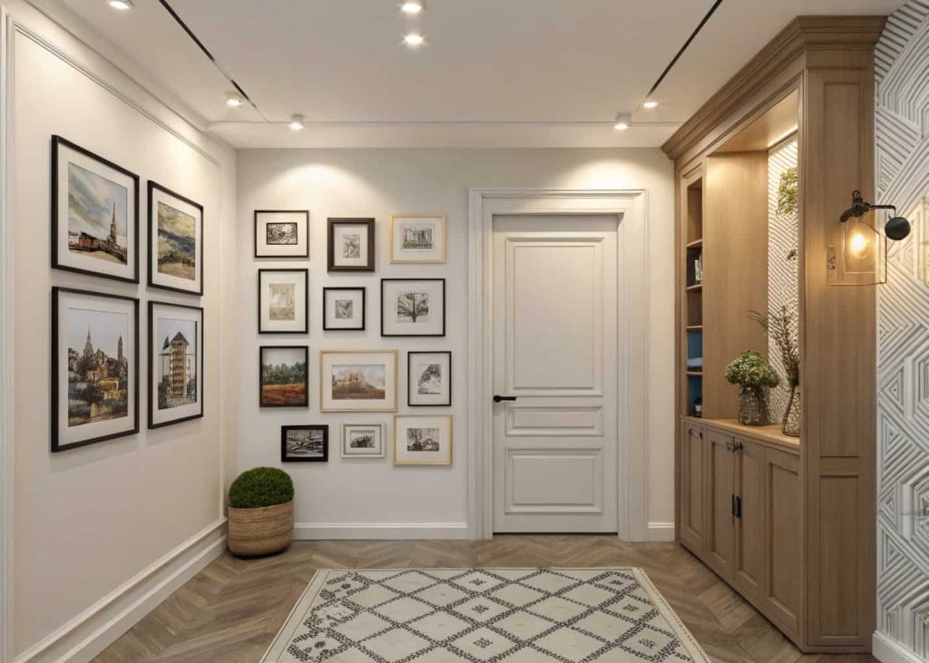 Apartment small home entrance wall decor gallery wall, framed art and photos, stylish compact entryway