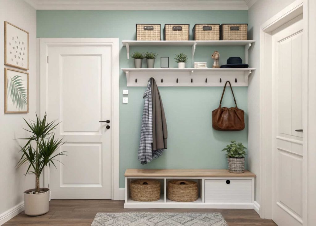 Apartment small home entrance wall decor with hooks and minimalist shelves, compact organized entryway