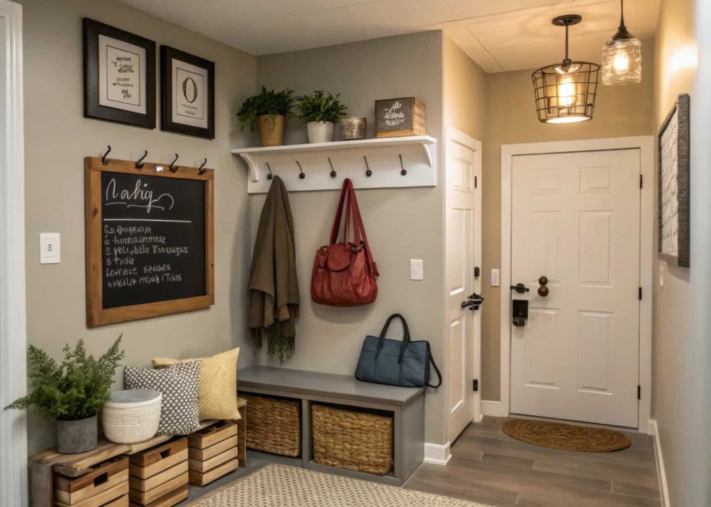 Apartment small home entrance wall decor with chalkboard memo wall, hooks, organized entryway